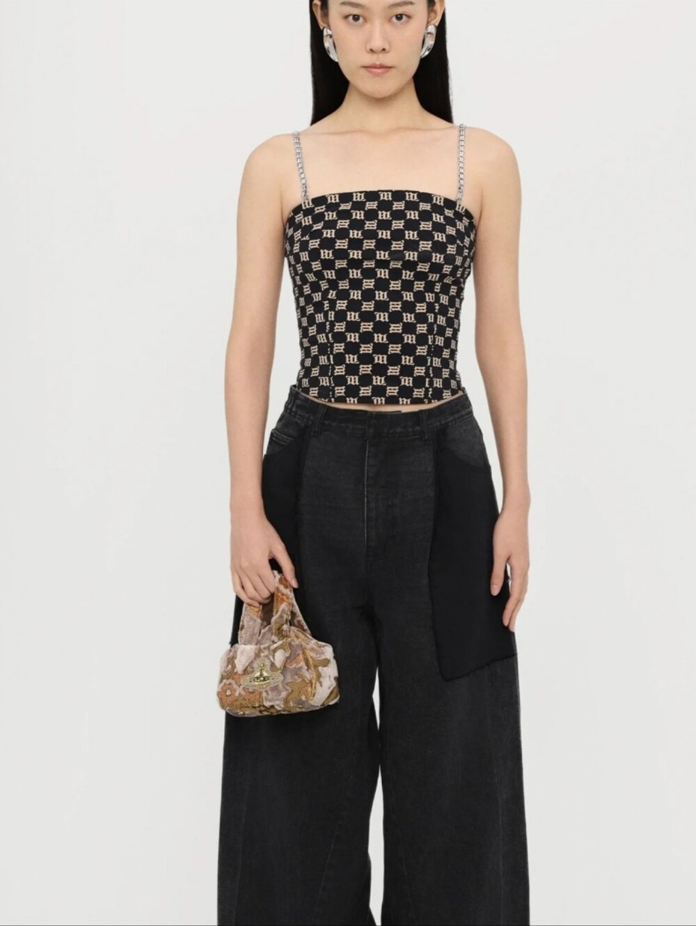 MISBHV Black Gray Monogram Chain Spaghetti Straps Tank Top - Size S
